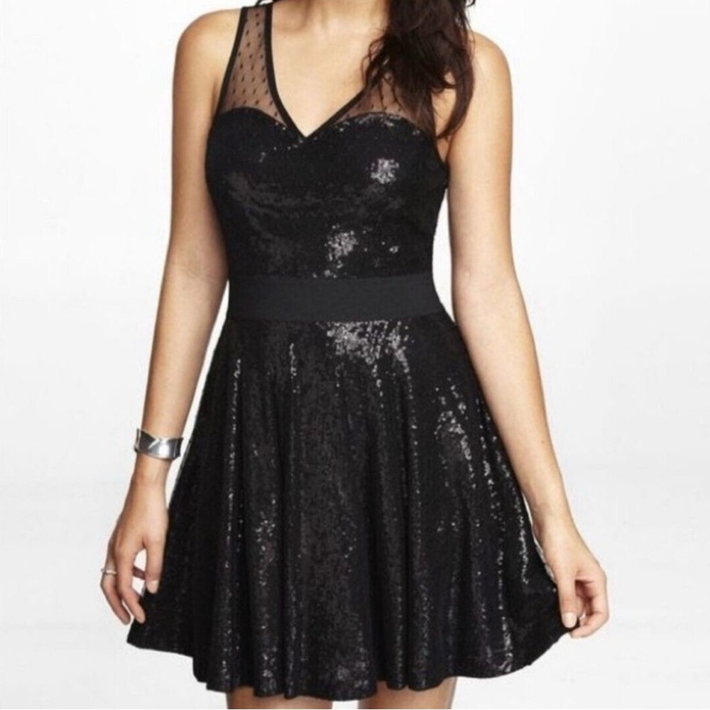 Express Sequin Black Mesh Overlay Sleeveless Side Zip Dress M